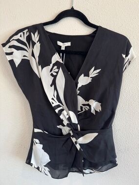 Joie XXS Black White Floral Short Sleeve Blouse NWT